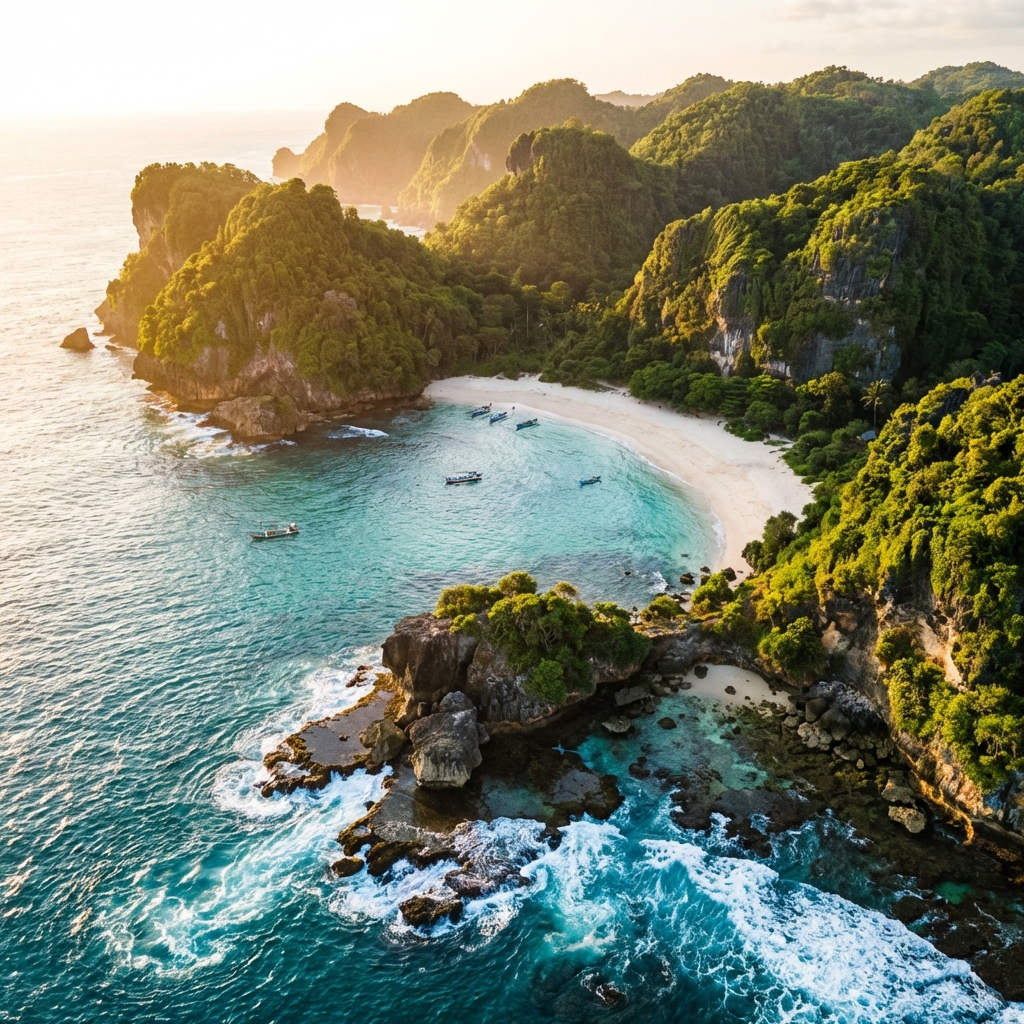 Keindahan pantai di Malang Selatan dengan tebing hijau dan air laut biru jernih